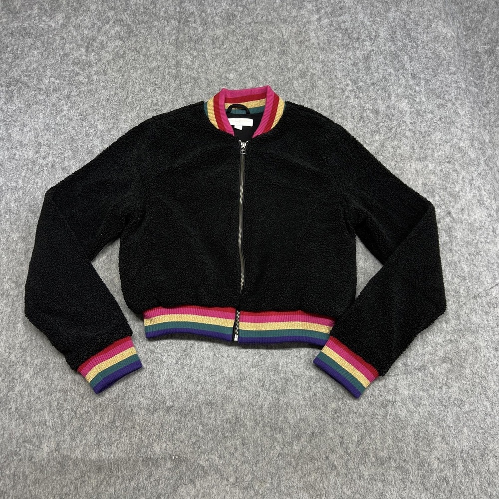 Spiritual Gangster Jacket Womens Small Black Faux Fur Rainbow Stripe Bomber